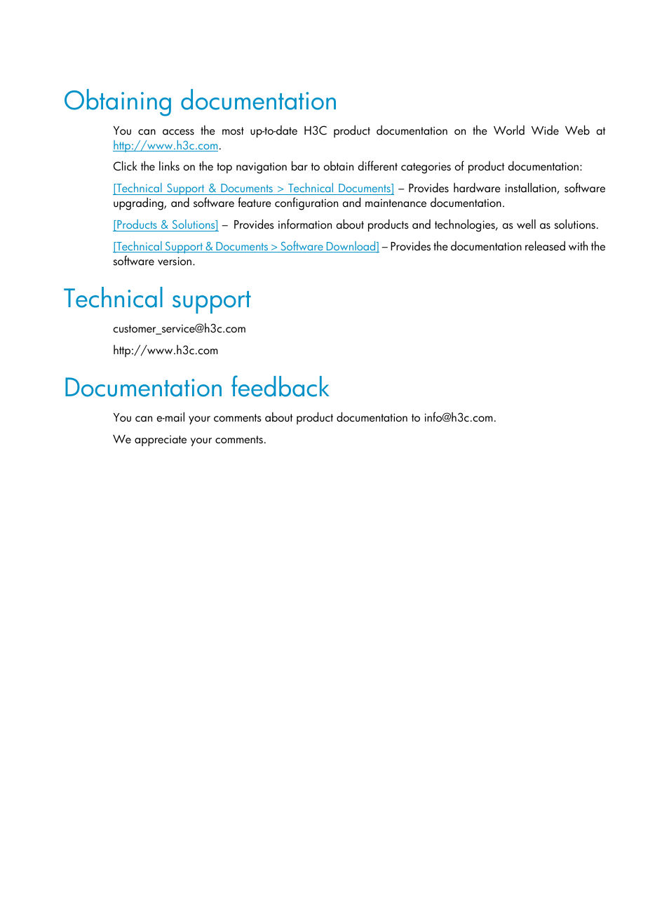 Obtaining documentation, Technical support, Documentation feedback | H3C Technologies H3C S5800 Series Switches User Manual | Page 3 / 10