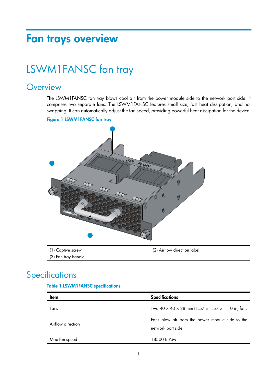 Fan trays overview, Lswm1fansc fan tray, Overview | Specifications | H3C Technologies H3C S5800 Series Switches User Manual | Page 5 / 10