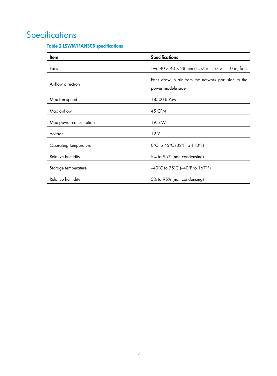 Specifications | H3C Technologies H3C S5800 Series Switches User Manual | Page 7 / 10