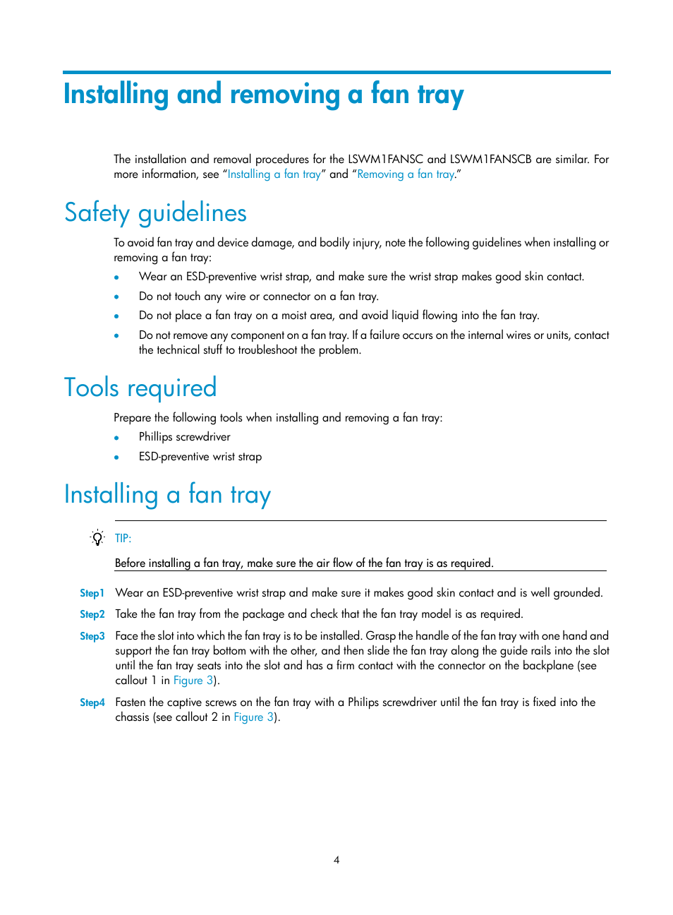 Installing and removing a fan tray, Safety guidelines, Tools required | Installing a fan tray | H3C Technologies H3C S5800 Series Switches User Manual | Page 8 / 10