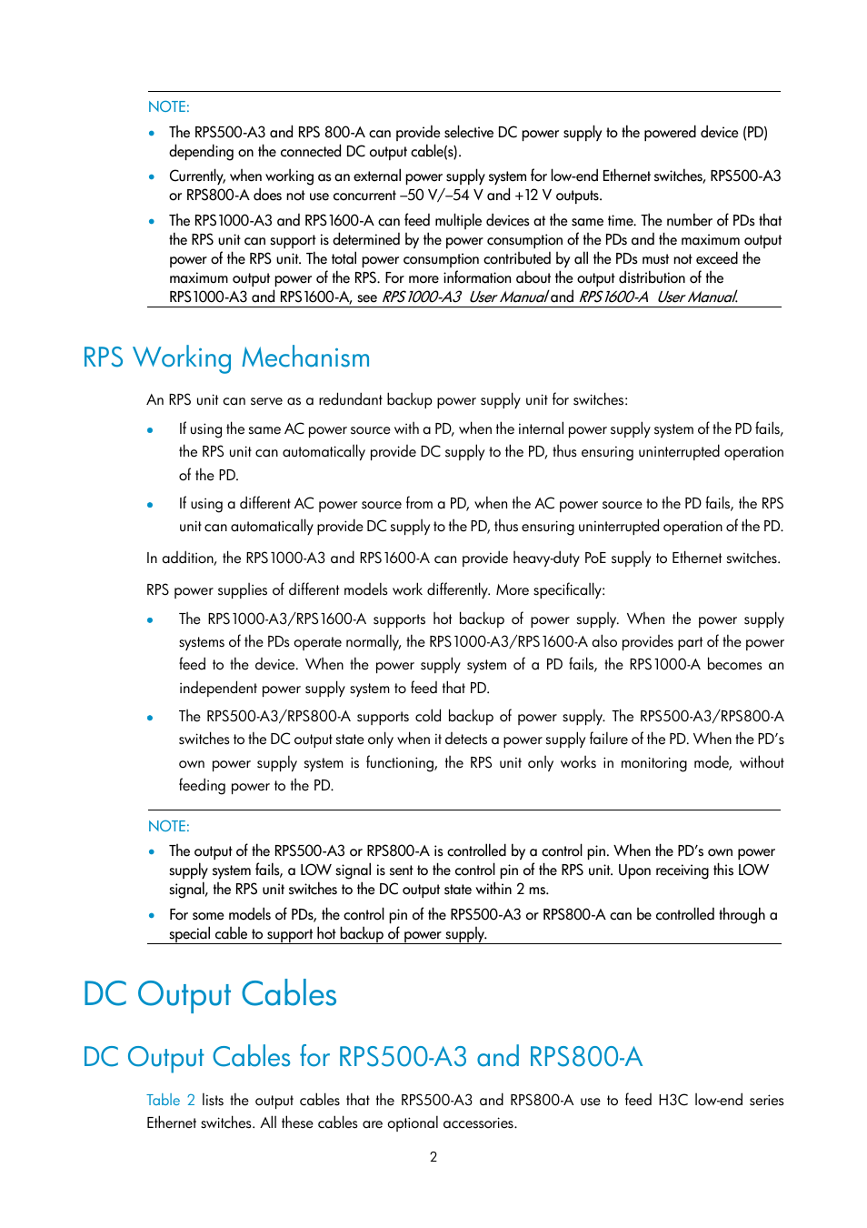 Rps working mechanism, Dc output cables, Dc output cables for rps500-a3 and rps800-a | H3C Technologies H3C S5800 Series Switches User Manual | Page 2 / 11