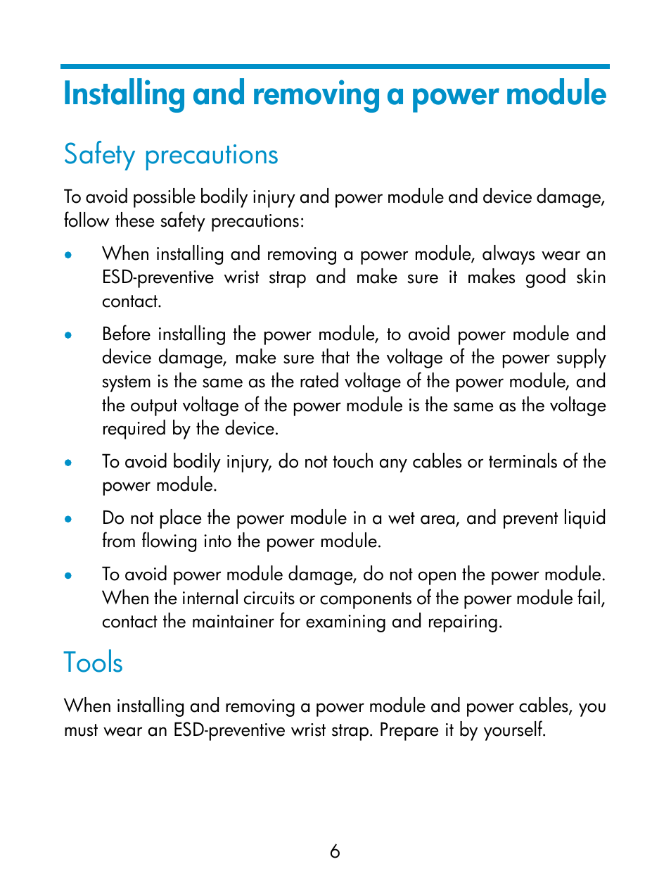 Installing and removing a power module, Safety precautions, Tools | H3C Technologies H3C S5800 Series Switches User Manual | Page 11 / 19