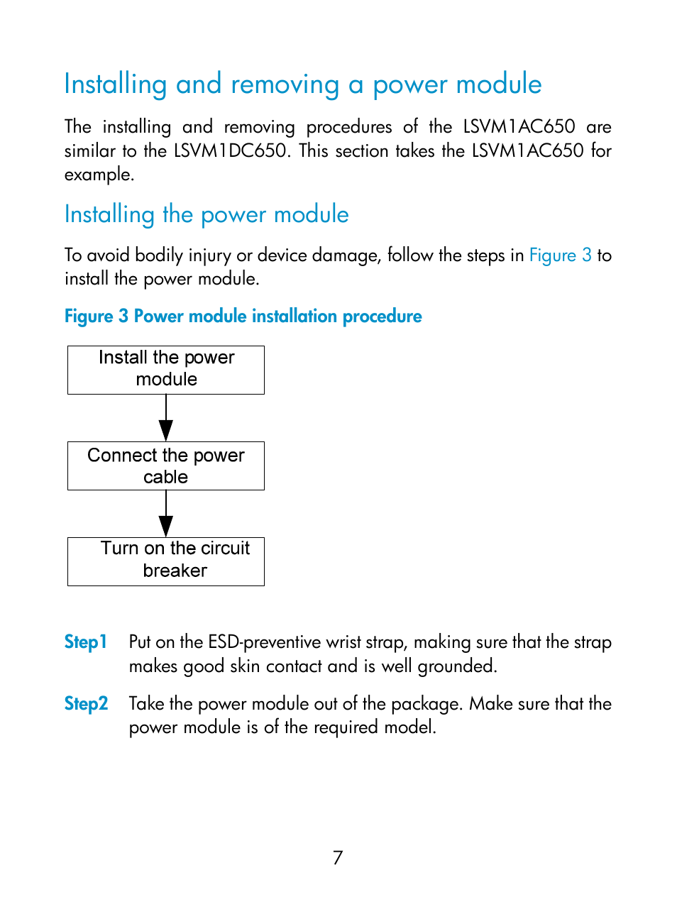 Installing and removing a power module, Installing the power module | H3C Technologies H3C S5800 Series Switches User Manual | Page 12 / 19