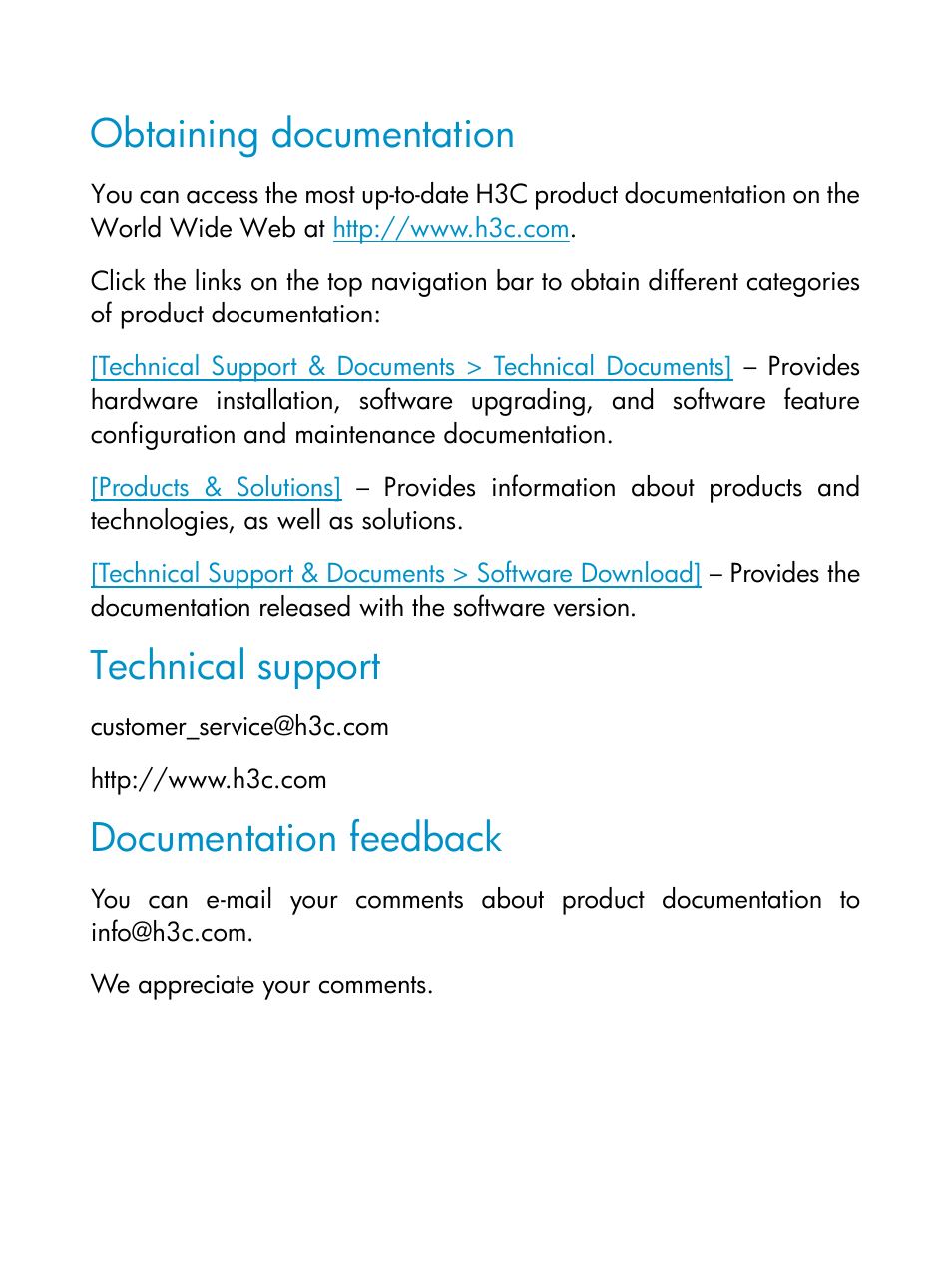 Obtaining documentation, Technical support, Documentation feedback | H3C Technologies H3C S5800 Series Switches User Manual | Page 4 / 19