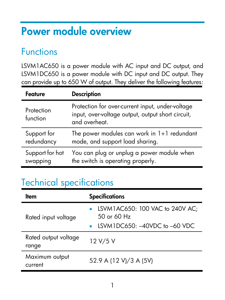Power module overview, Functions, Technical specifications | H3C Technologies H3C S5800 Series Switches User Manual | Page 6 / 19
