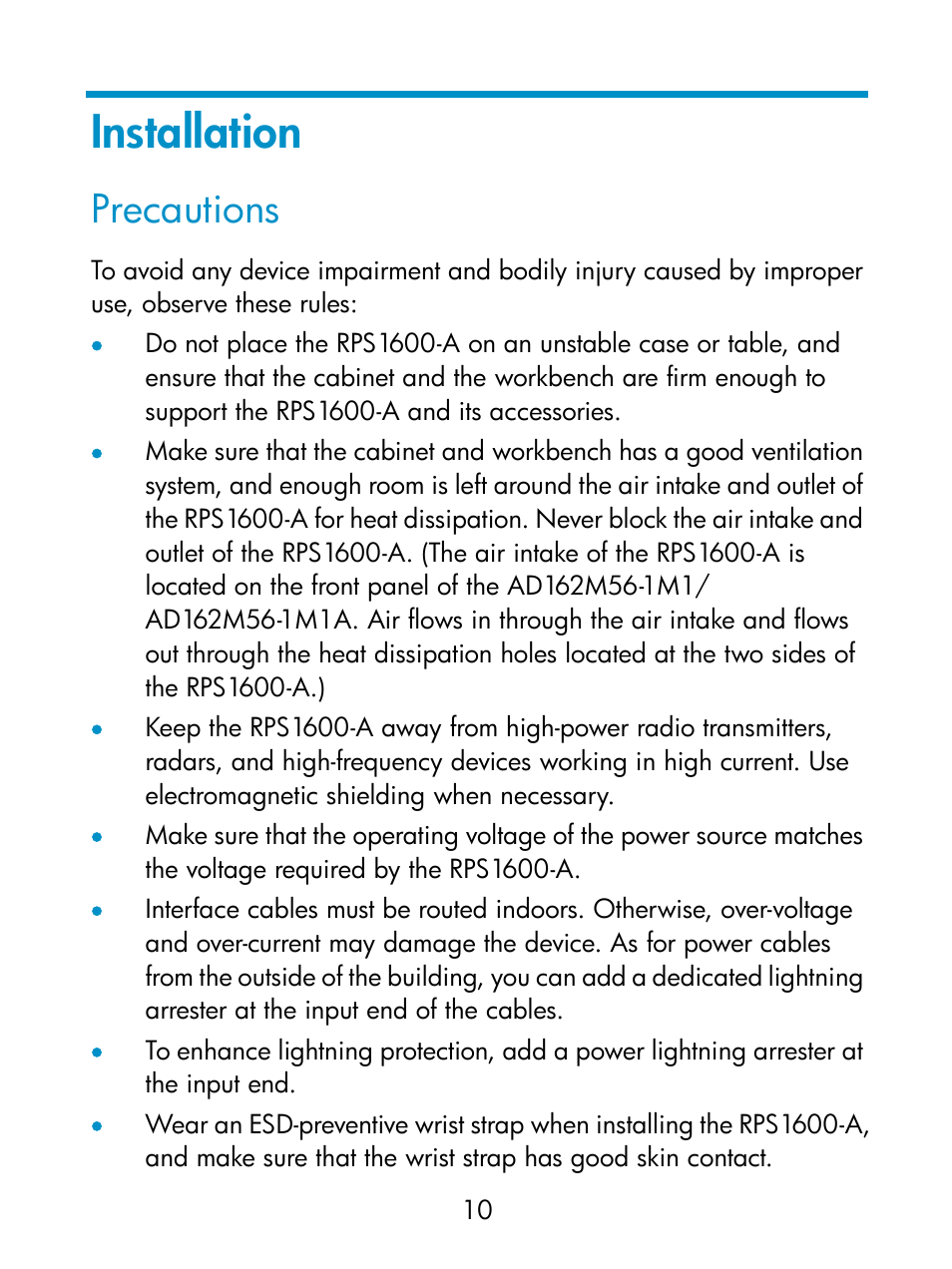 Installation, Precautions | H3C Technologies H3C S5800 Series Switches User Manual | Page 14 / 27