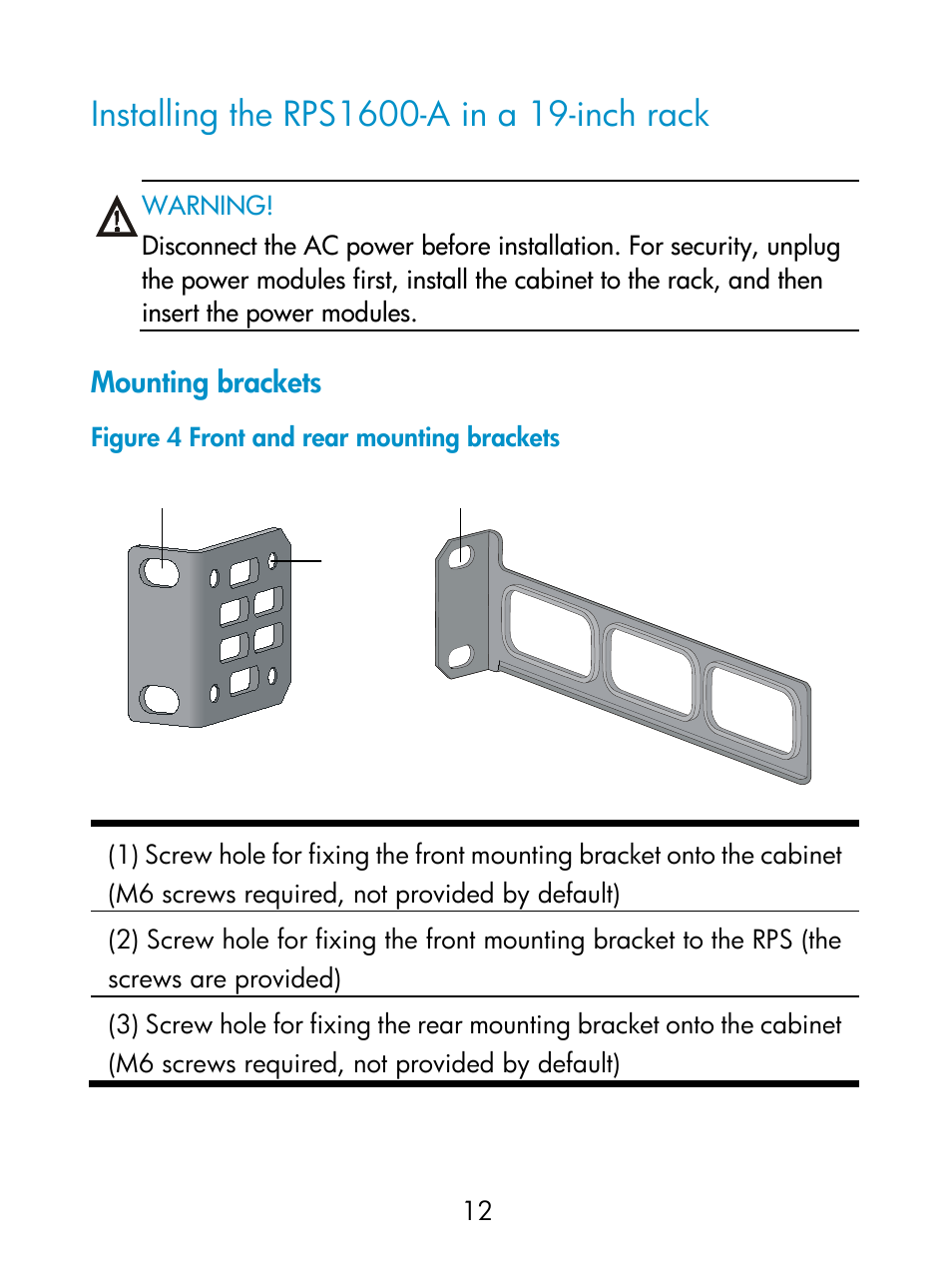 Installing the rps1600-a in a 19-inch rack, Mounting brackets | H3C Technologies H3C S5800 Series Switches User Manual | Page 16 / 27