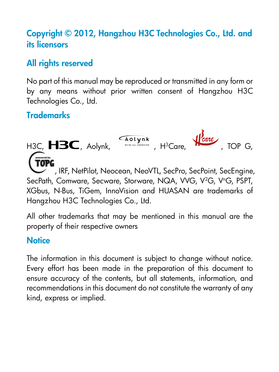 Trademarks, Notice | H3C Technologies H3C S5800 Series Switches User Manual | Page 2 / 18