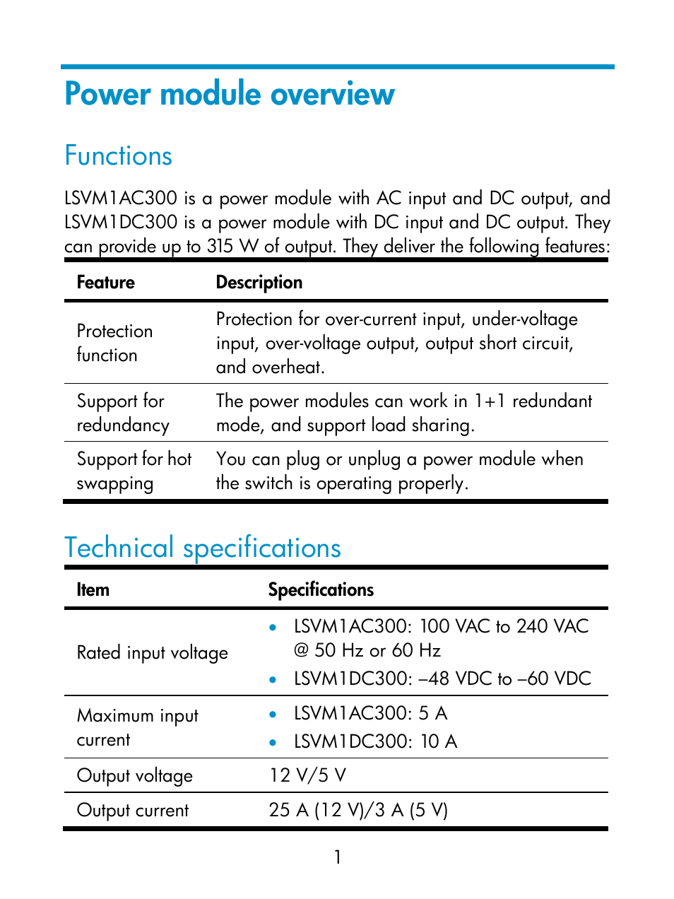 Power module overview, Functions, Technical specifications | H3C Technologies H3C S5800 Series Switches User Manual | Page 6 / 18