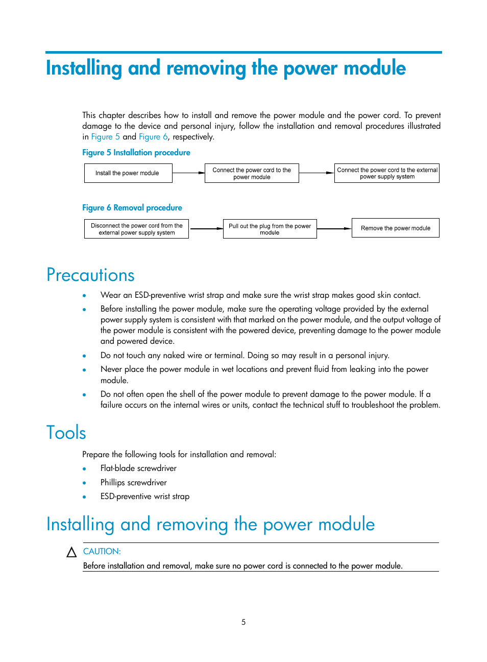 Installing and removing the power module, Precautions, Tools | H3C Technologies H3C S5800 Series Switches User Manual | Page 10 / 13