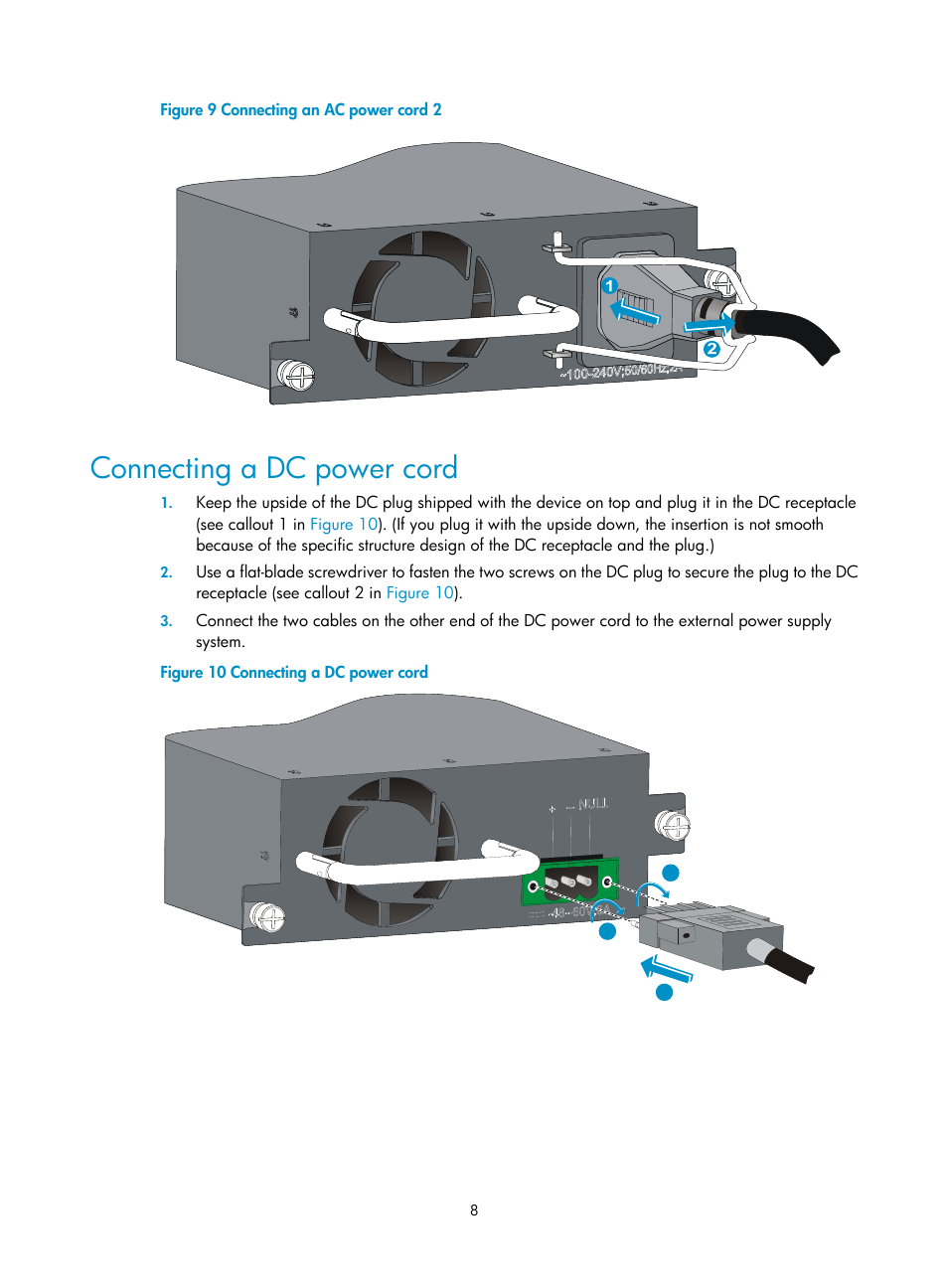 Connecting a dc power cord, Ee callout 1 in, Figure 9 | Out 2 in, Figure | H3C Technologies H3C S5800 Series Switches User Manual | Page 13 / 13