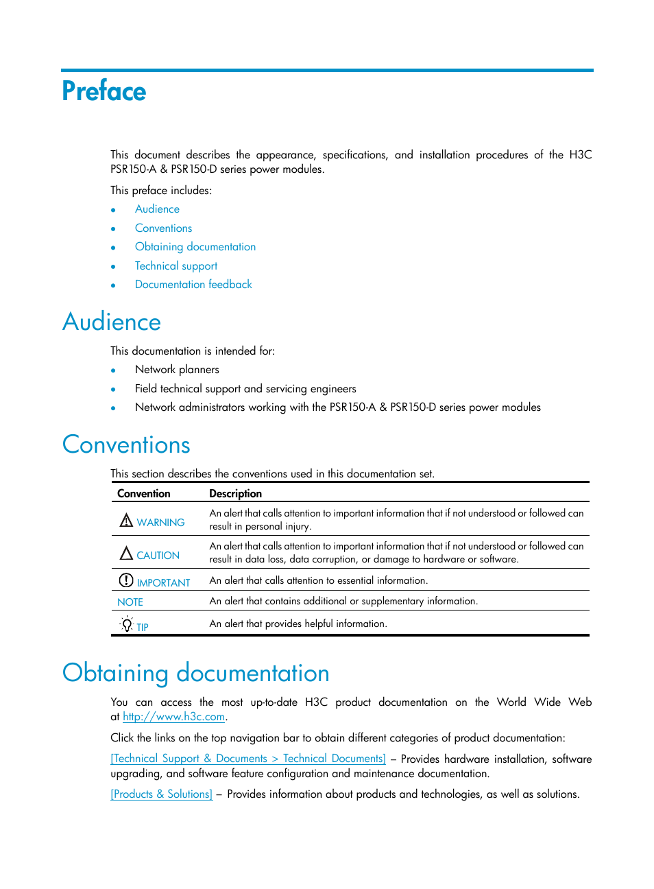 Preface, Audience, Conventions | Obtaining documentation | H3C Technologies H3C S5800 Series Switches User Manual | Page 3 / 13