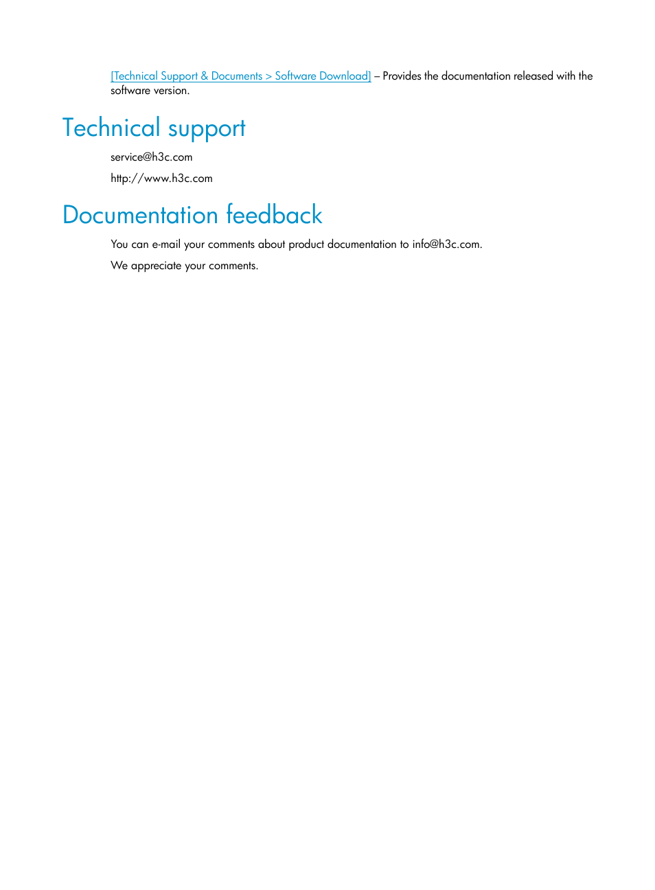 Technical support, Documentation feedback | H3C Technologies H3C S5800 Series Switches User Manual | Page 4 / 13