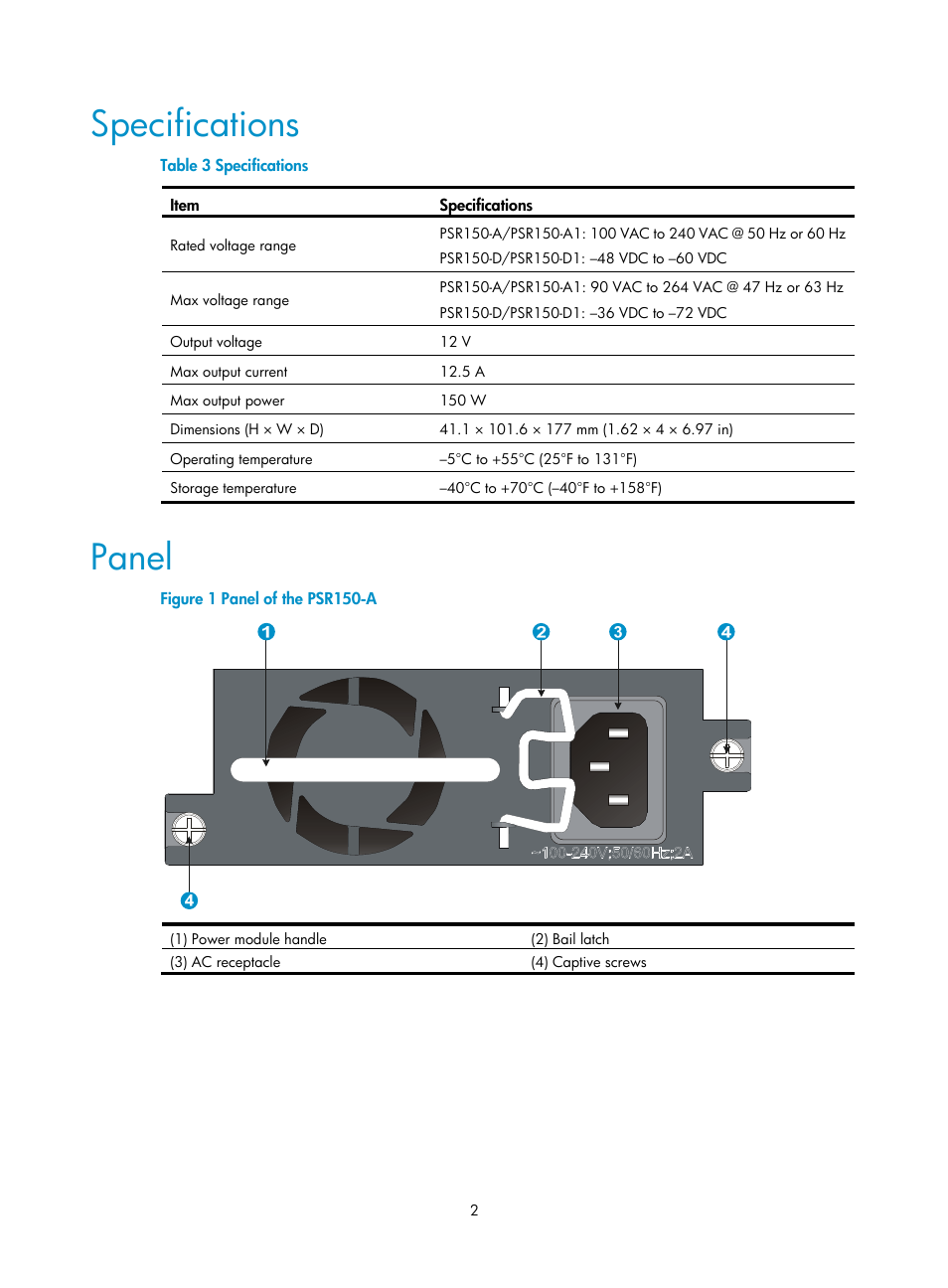 Specifications, Panel | H3C Technologies H3C S5800 Series Switches User Manual | Page 7 / 13