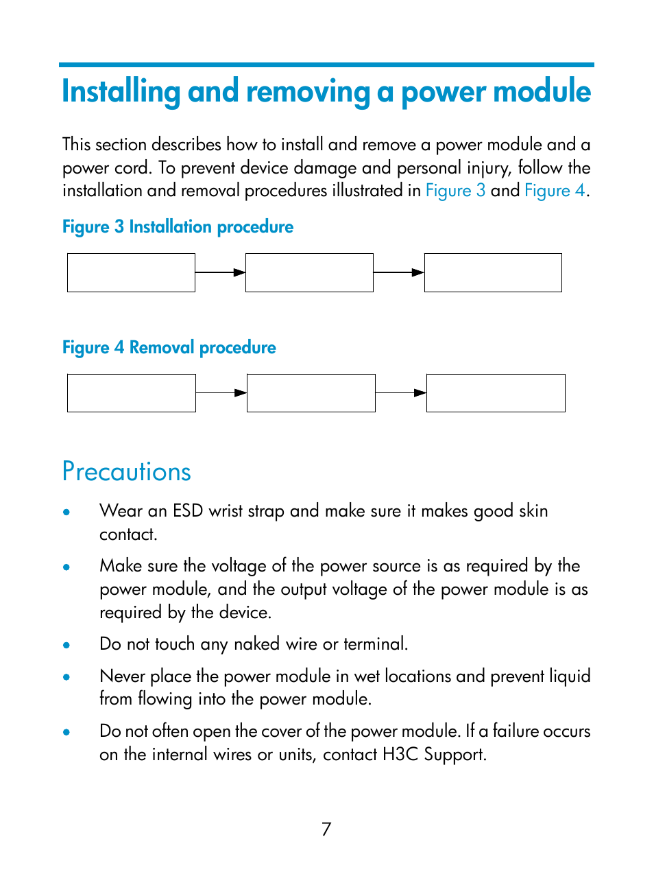 Installing and removing a power module, Precautions | H3C Technologies H3C S5800 Series Switches User Manual | Page 11 / 16