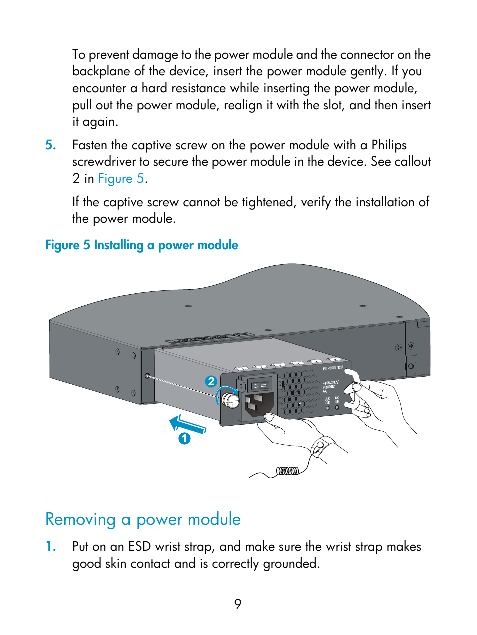 Removing a power module | H3C Technologies H3C S5800 Series Switches User Manual | Page 13 / 16