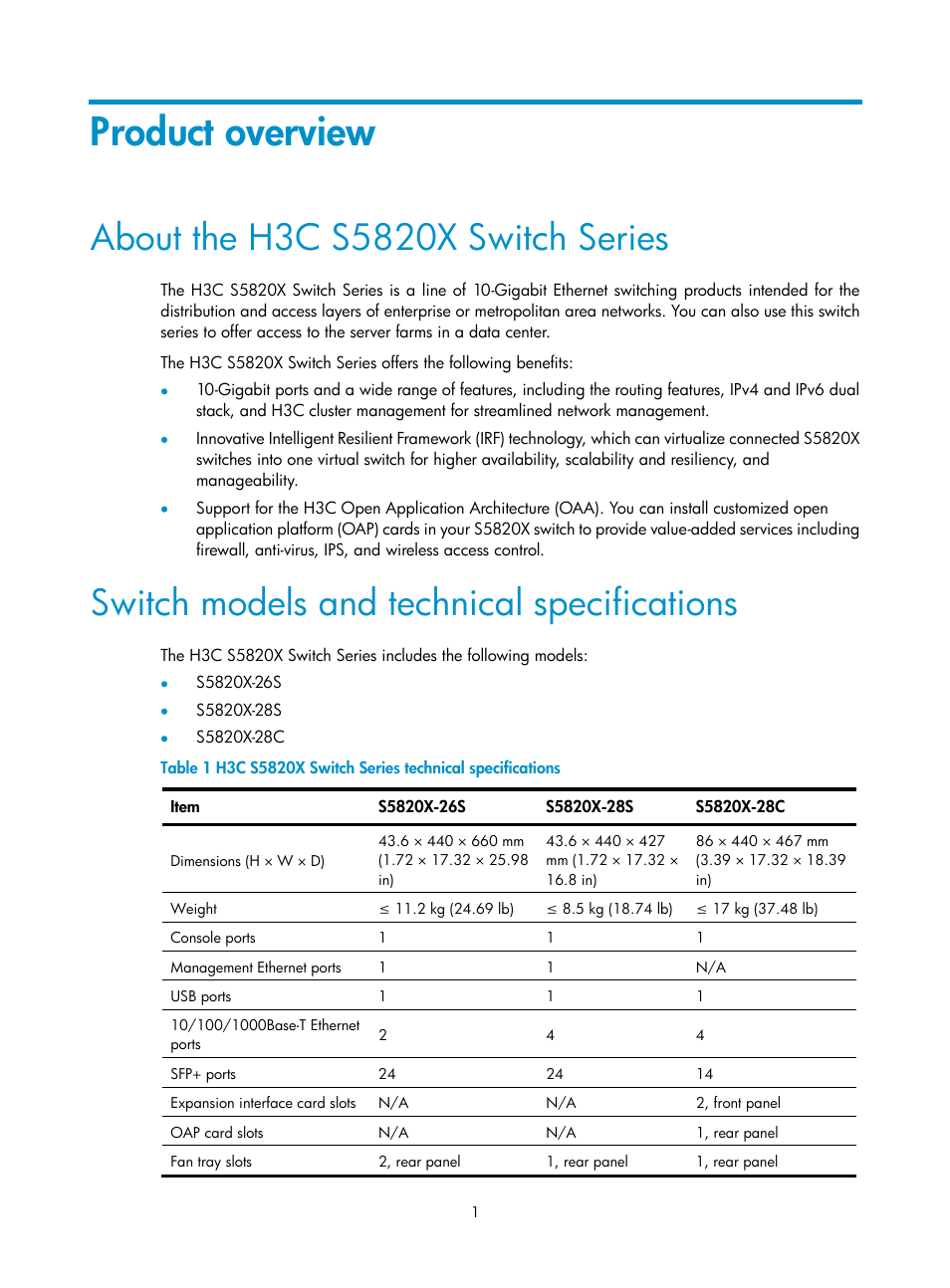 Product overview, About the h3c s5820x switch series, Switch models and technical specifications | H3C Technologies H3C S5820X Series Switches User Manual | Page 11 / 85