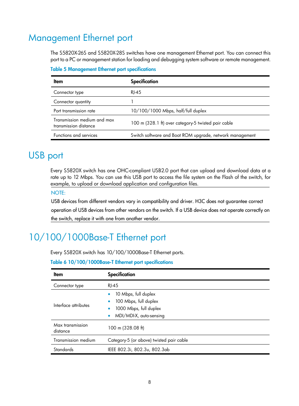 Management ethernet port, Usb port, 10/100/1000base-t ethernet port | H3C Technologies H3C S5820X Series Switches User Manual | Page 18 / 85