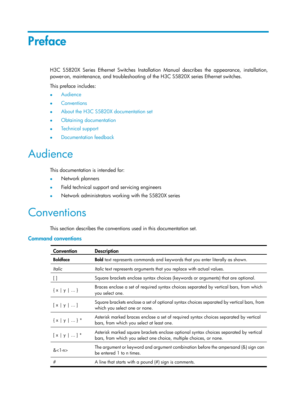 Preface, Audience, Conventions | Command conventions | H3C Technologies H3C S5820X Series Switches User Manual | Page 3 / 85