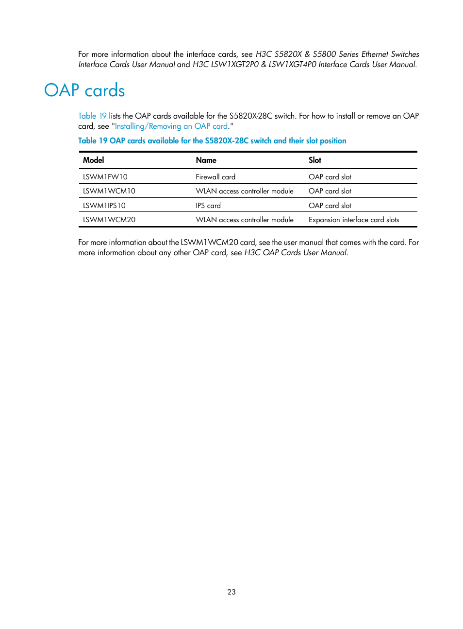 Oap cards | H3C Technologies H3C S5820X Series Switches User Manual | Page 33 / 85