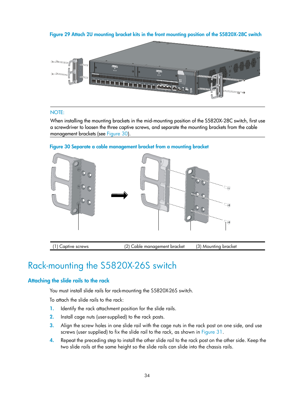 Rack-mounting the s5820x-26s switch, Attaching the slide rails to the rack, Attaching the | Slide rails to the rack, Figure 29 | H3C Technologies H3C S5820X Series Switches User Manual | Page 44 / 85