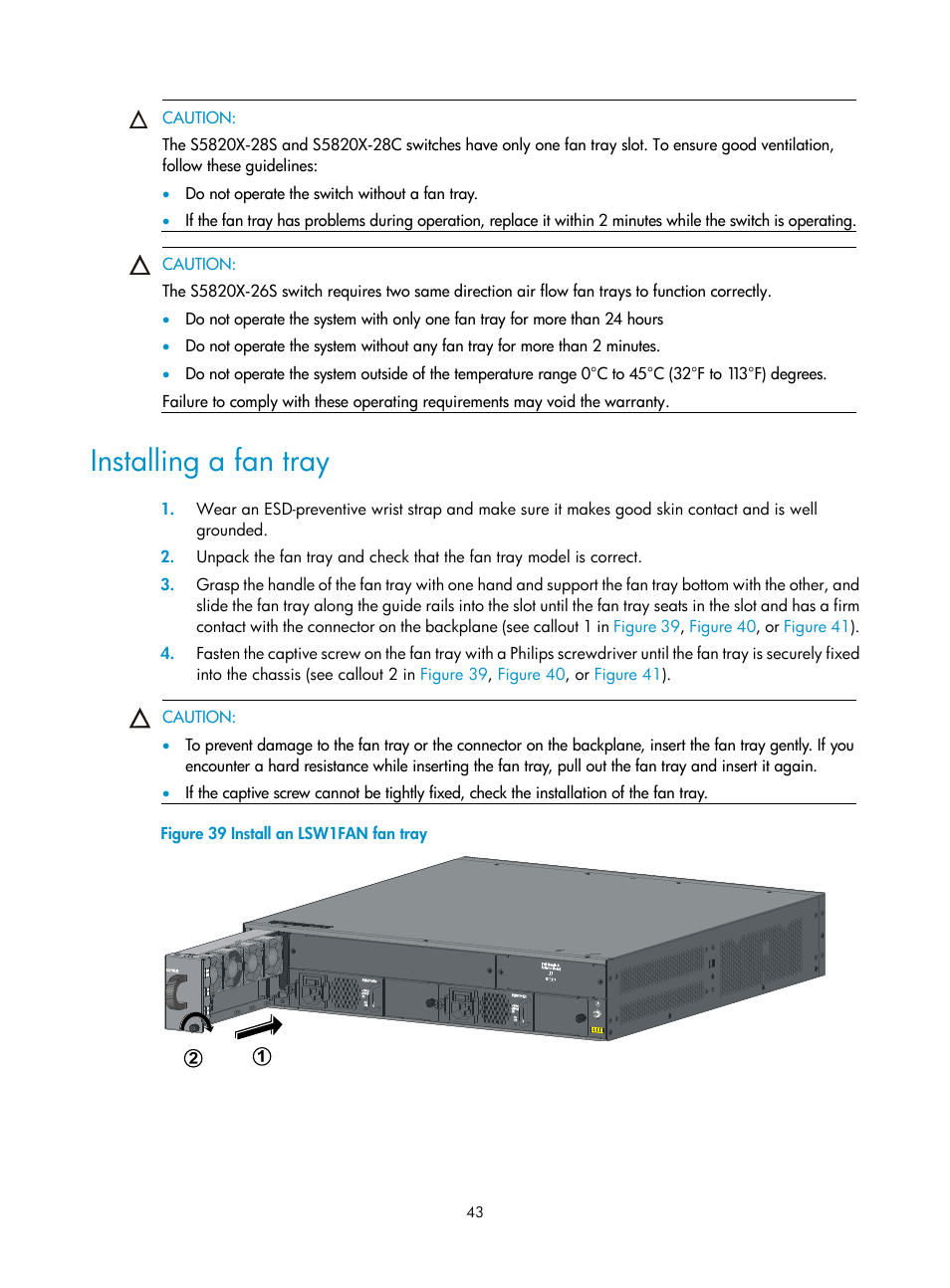 Installing a fan tray | H3C Technologies H3C S5820X Series Switches User Manual | Page 53 / 85