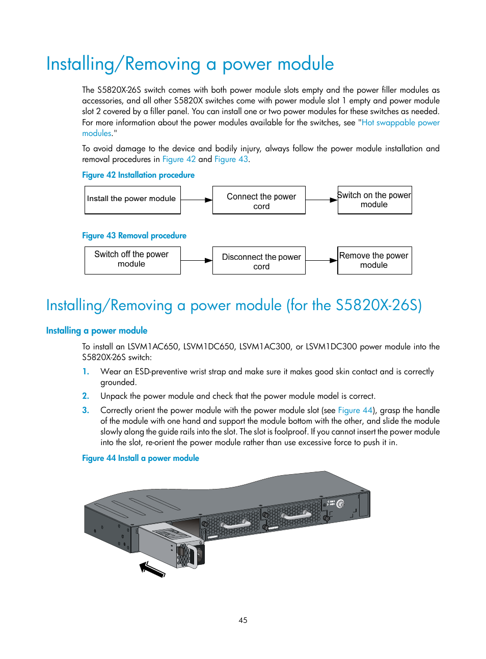 Installing/removing a power module, Installing a power module | H3C Technologies H3C S5820X Series Switches User Manual | Page 55 / 85