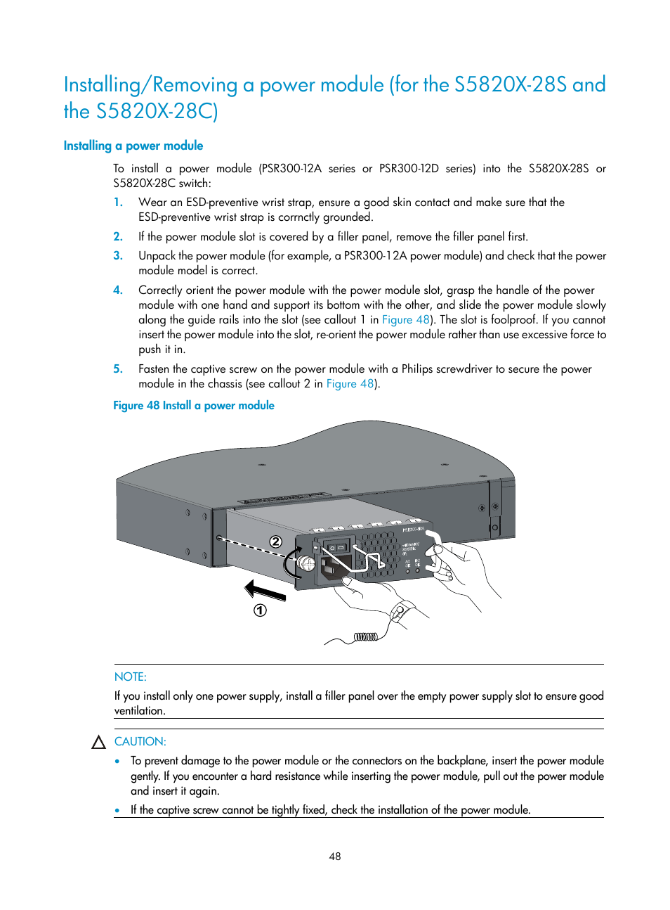 Installing a power module | H3C Technologies H3C S5820X Series Switches User Manual | Page 58 / 85