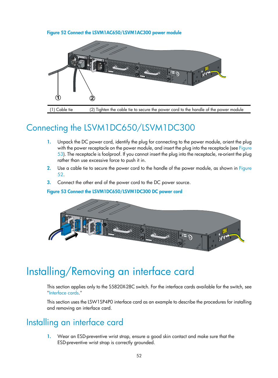 Connecting the lsvm1dc650/lsvm1dc300, Installing/removing an interface card, Installing an interface card | Module (see, Figure 52 | H3C Technologies H3C S5820X Series Switches User Manual | Page 62 / 85