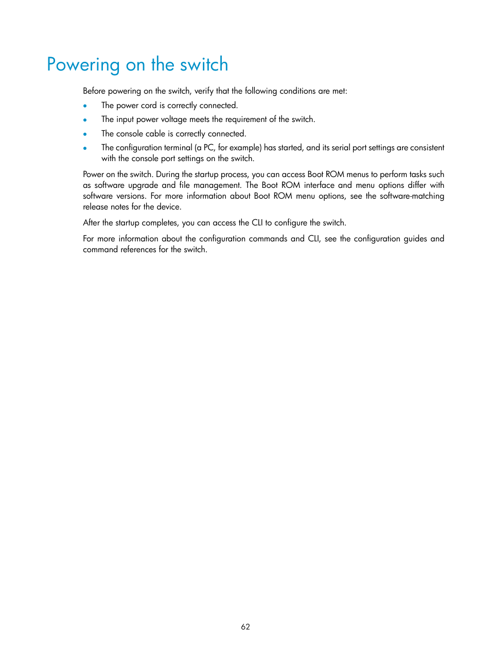 Powering on the switch | H3C Technologies H3C S5820X Series Switches User Manual | Page 72 / 85