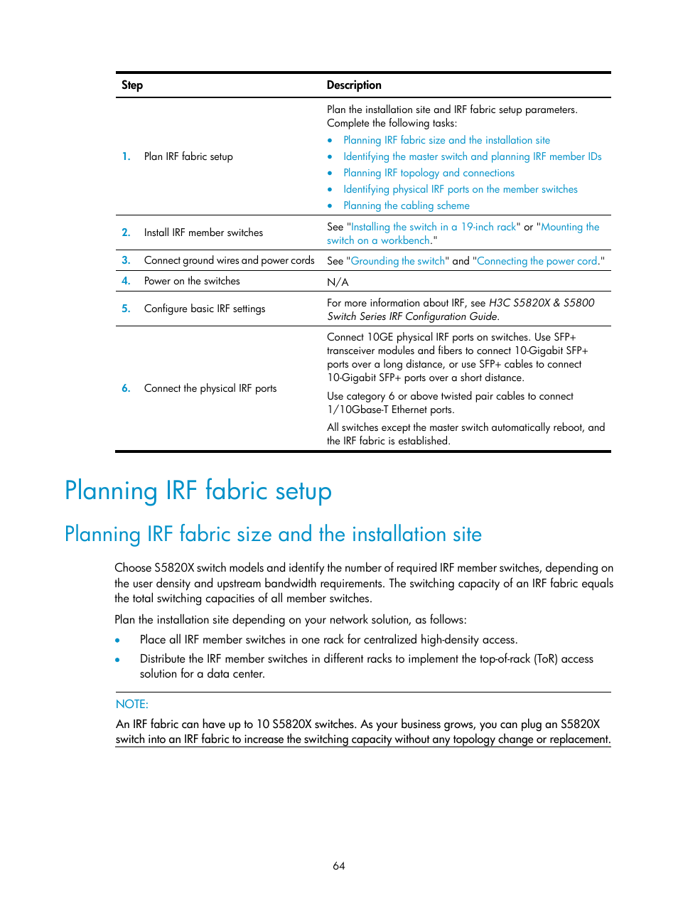 Planning irf fabric setup, Planning irf fabric size and the installation site | H3C Technologies H3C S5820X Series Switches User Manual | Page 74 / 85