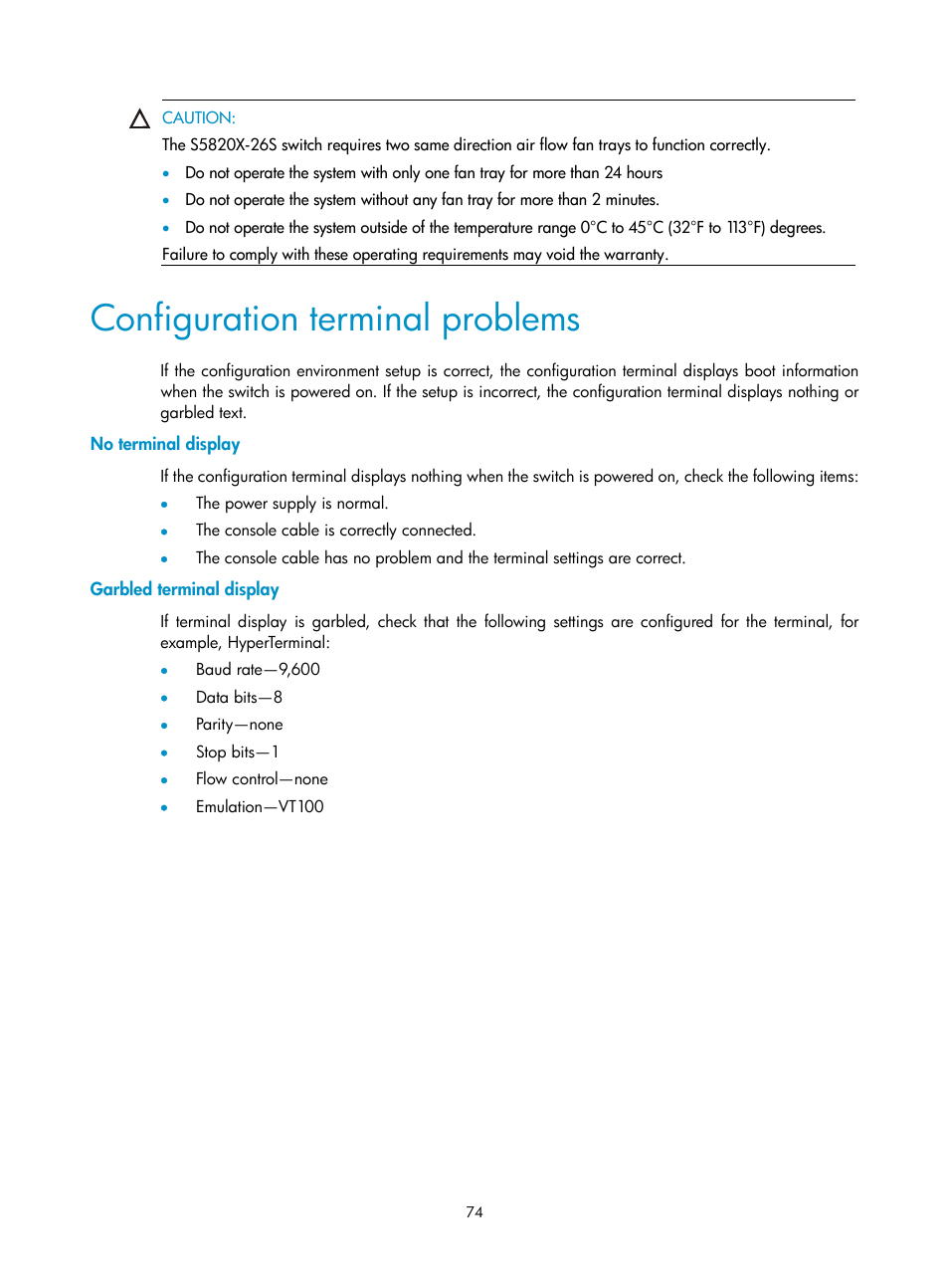 Configuration terminal problems, No terminal display, Garbled terminal display | H3C Technologies H3C S5820X Series Switches User Manual | Page 84 / 85