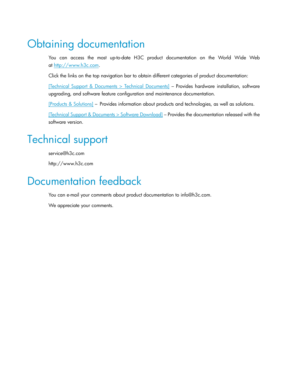 Obtaining documentation, Technical support, Documentation feedback | H3C Technologies H3C S5820V2 Series Switches User Manual | Page 3 / 10