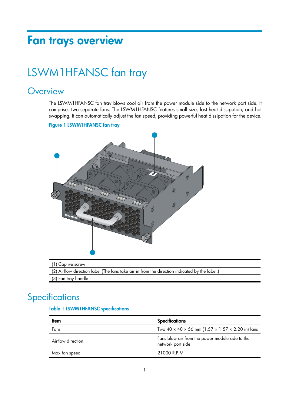 Fan trays overview, Lswm1hfansc fan tray, Overview | Specifications | H3C Technologies H3C S5820V2 Series Switches User Manual | Page 5 / 10