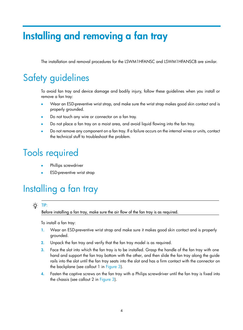 Installing and removing a fan tray, Safety guidelines, Tools required | Installing a fan tray | H3C Technologies H3C S5820V2 Series Switches User Manual | Page 8 / 10