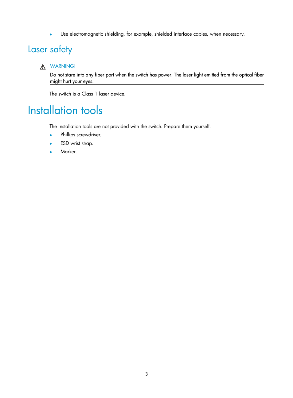 Laser safety, Installation tools | H3C Technologies H3C S5820V2 Series Switches User Manual | Page 11 / 67