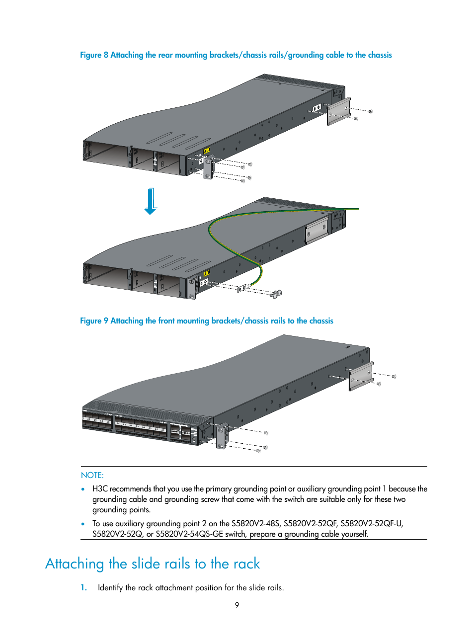 Attaching the slide rails to the rack, Figure 8, Figure 9 | H3C Technologies H3C S5820V2 Series Switches User Manual | Page 17 / 67