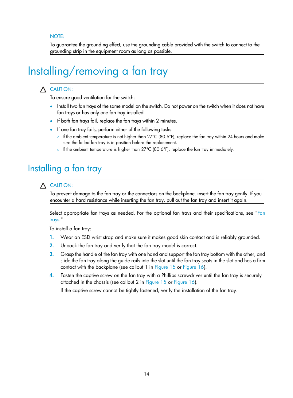 Installing/removing a fan tray, Installing a fan tray | H3C Technologies H3C S5820V2 Series Switches User Manual | Page 22 / 67