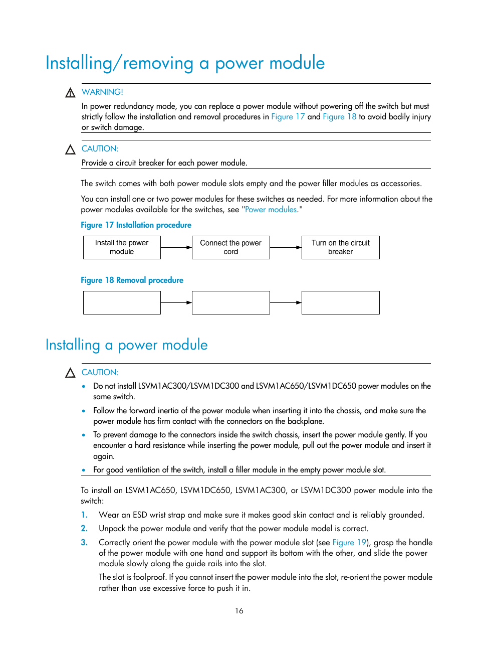 Installing/removing a power module, Installing a power module | H3C Technologies H3C S5820V2 Series Switches User Manual | Page 24 / 67