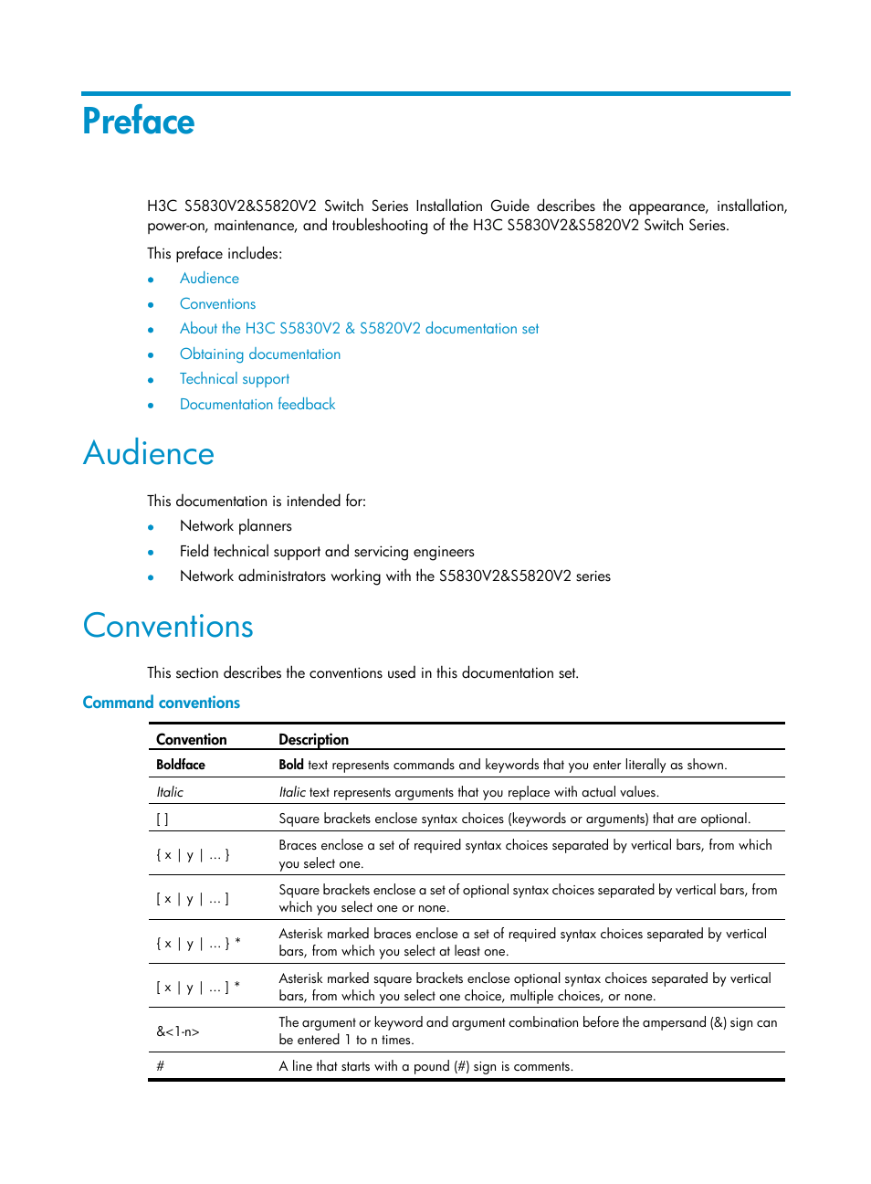 Preface, Audience, Conventions | Command conventions | H3C Technologies H3C S5820V2 Series Switches User Manual | Page 3 / 67