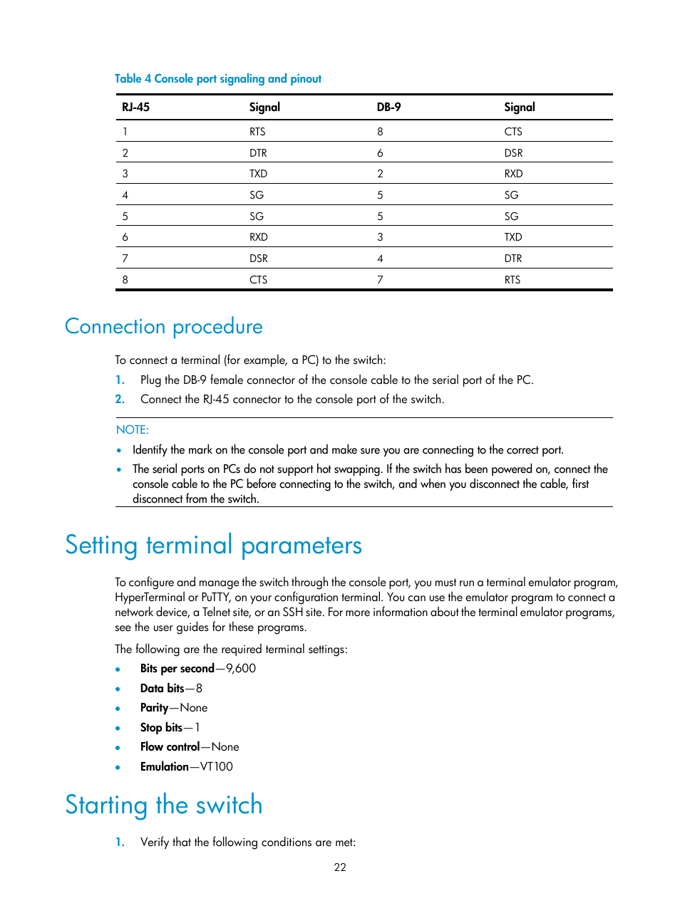 Connection procedure, Setting terminal parameters, Starting the switch | H3C Technologies H3C S5820V2 Series Switches User Manual | Page 30 / 67