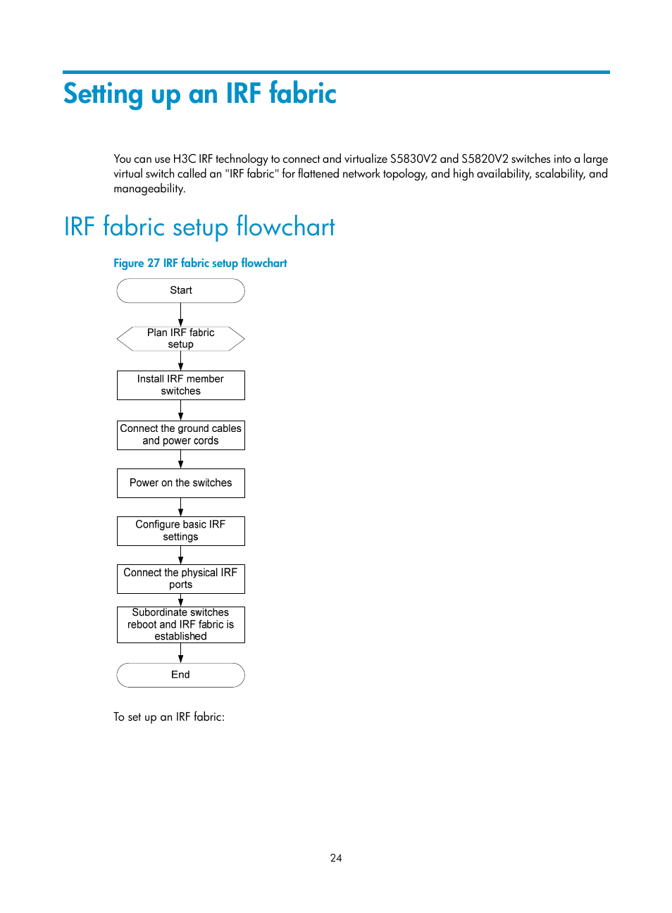 Setting up an irf fabric, Irf fabric setup flowchart | H3C Technologies H3C S5820V2 Series Switches User Manual | Page 32 / 67