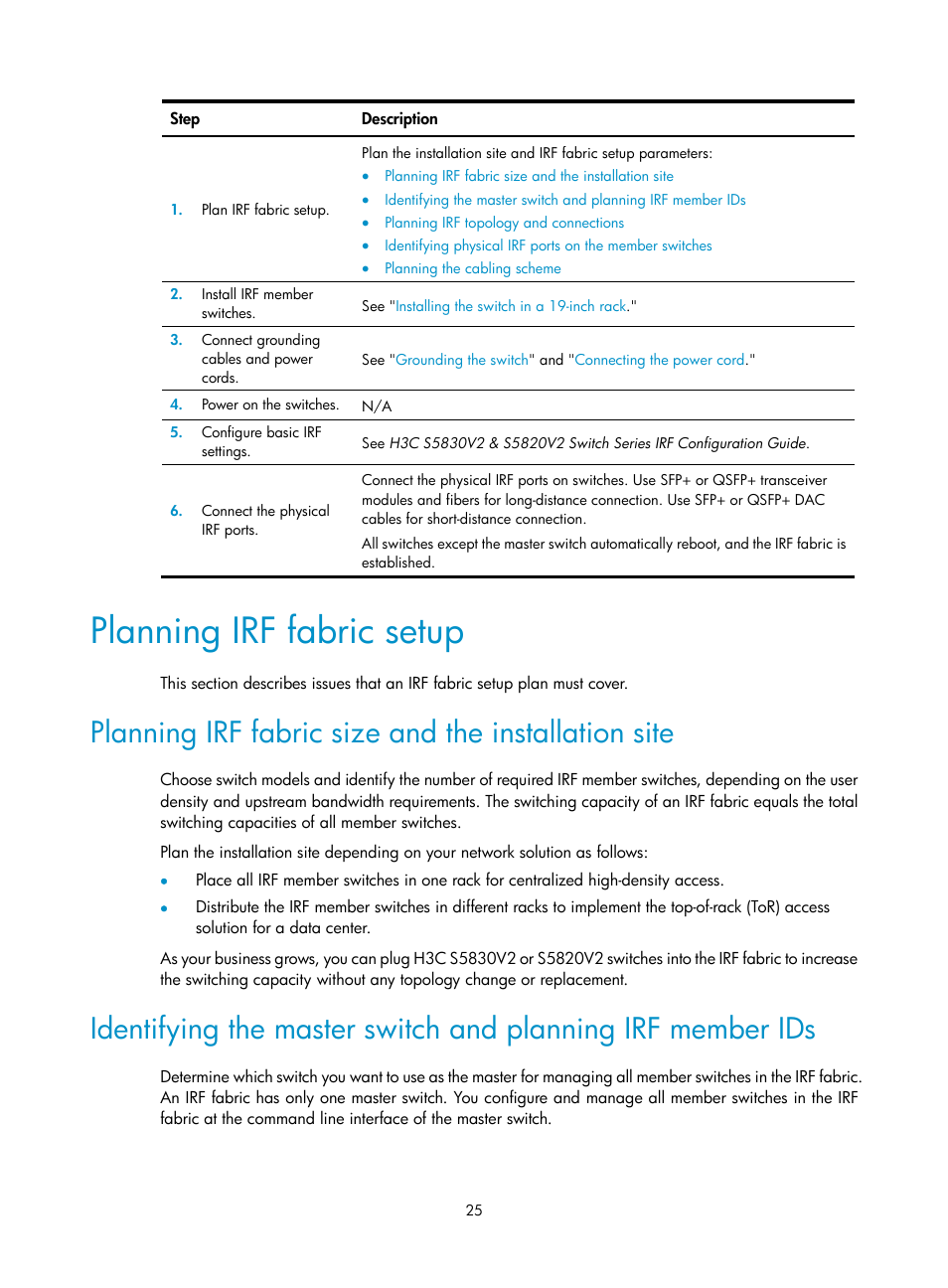 Planning irf fabric setup, Planning irf fabric size and the installation site | H3C Technologies H3C S5820V2 Series Switches User Manual | Page 33 / 67