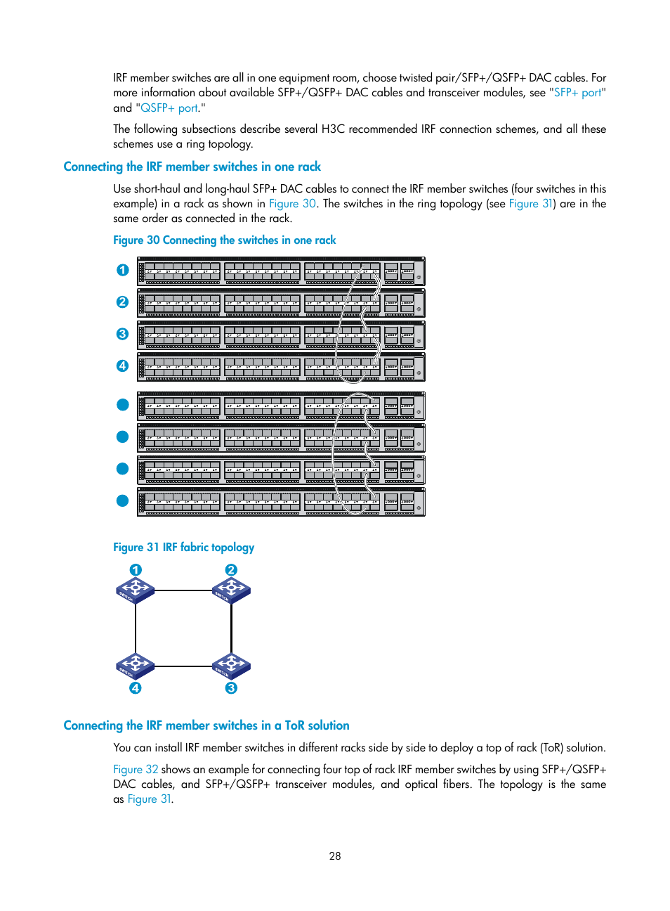 Connecting the irf member switches in one rack | H3C Technologies H3C S5820V2 Series Switches User Manual | Page 36 / 67