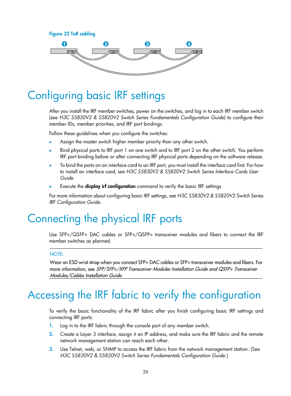 Configuring basic irf settings, Connecting the physical irf ports, Figure 32 | H3C Technologies H3C S5820V2 Series Switches User Manual | Page 37 / 67