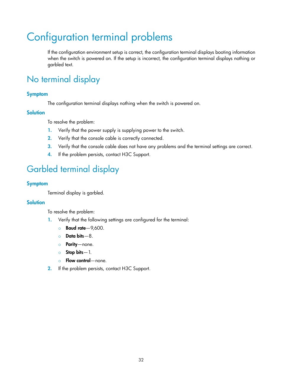 Configuration terminal problems, No terminal display, Symptom | Solution, Garbled terminal display | H3C Technologies H3C S5820V2 Series Switches User Manual | Page 40 / 67