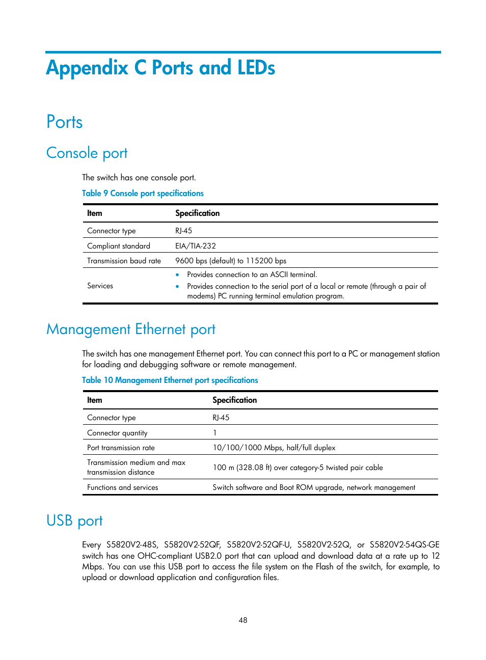 Appendix c ports and leds, Ports, Console port | Management ethernet port, Usb port | H3C Technologies H3C S5820V2 Series Switches User Manual | Page 56 / 67