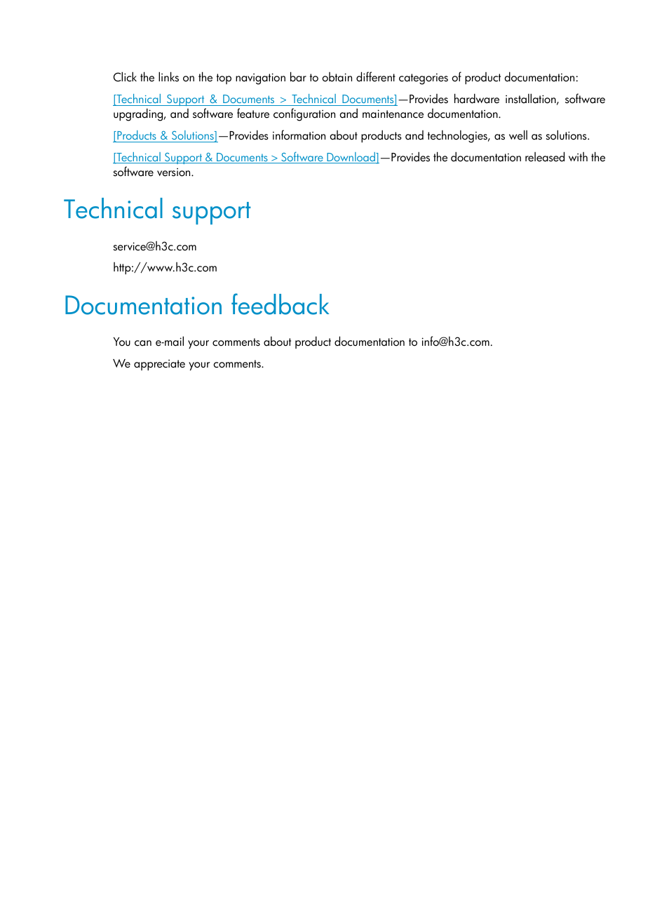 Technical support, Documentation feedback | H3C Technologies H3C S5820V2 Series Switches User Manual | Page 6 / 67