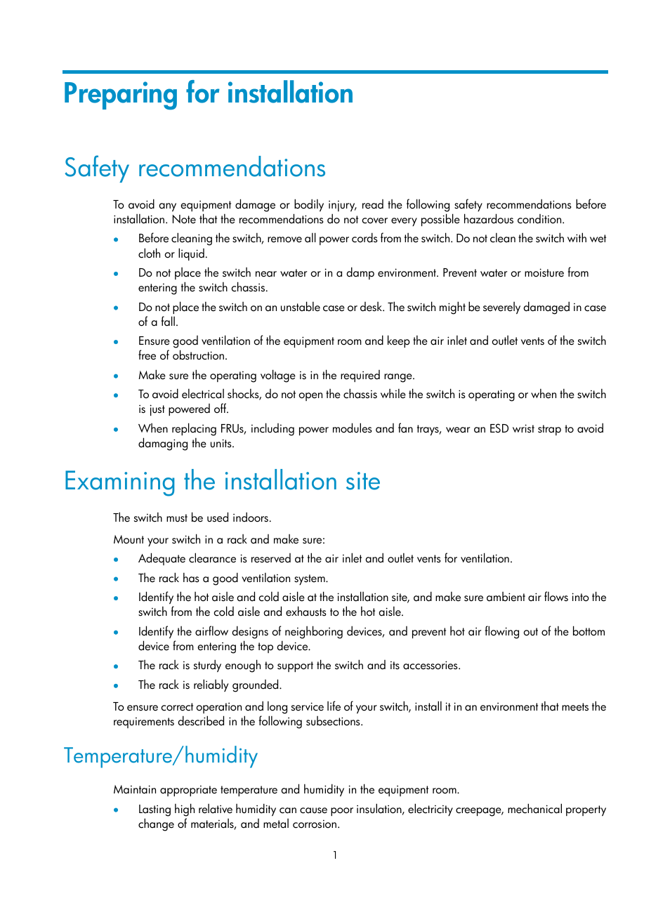 Preparing for installation, Safety recommendations, Examining the installation site | Temperature/humidity | H3C Technologies H3C S5820V2 Series Switches User Manual | Page 9 / 67