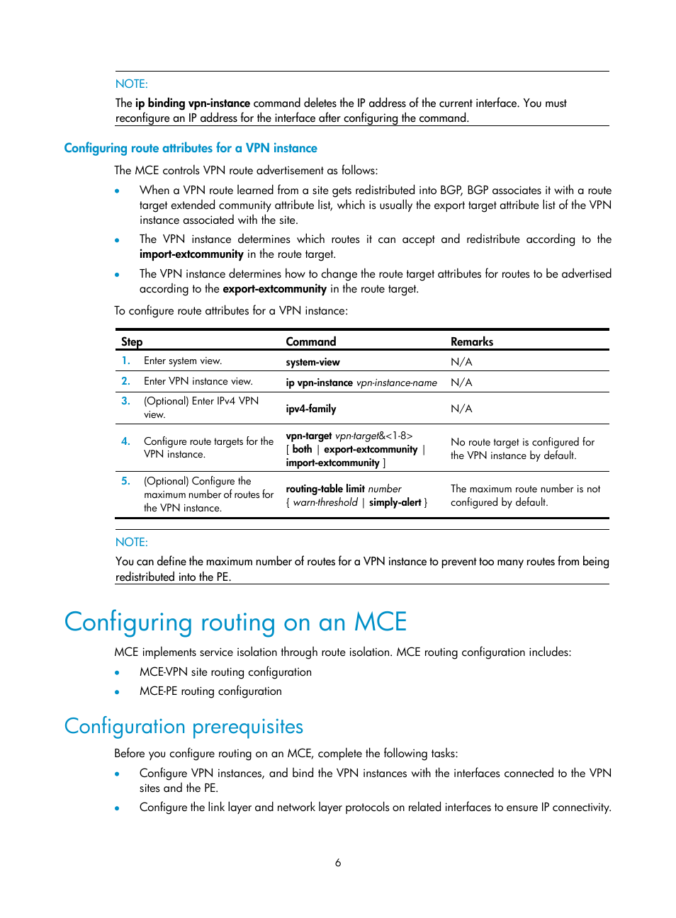 Configuring route attributes for a vpn instance, Configuring routing on an mce, Configuration prerequisites | H3C Technologies H3C S5820V2 Series Switches User Manual | Page 12 / 29